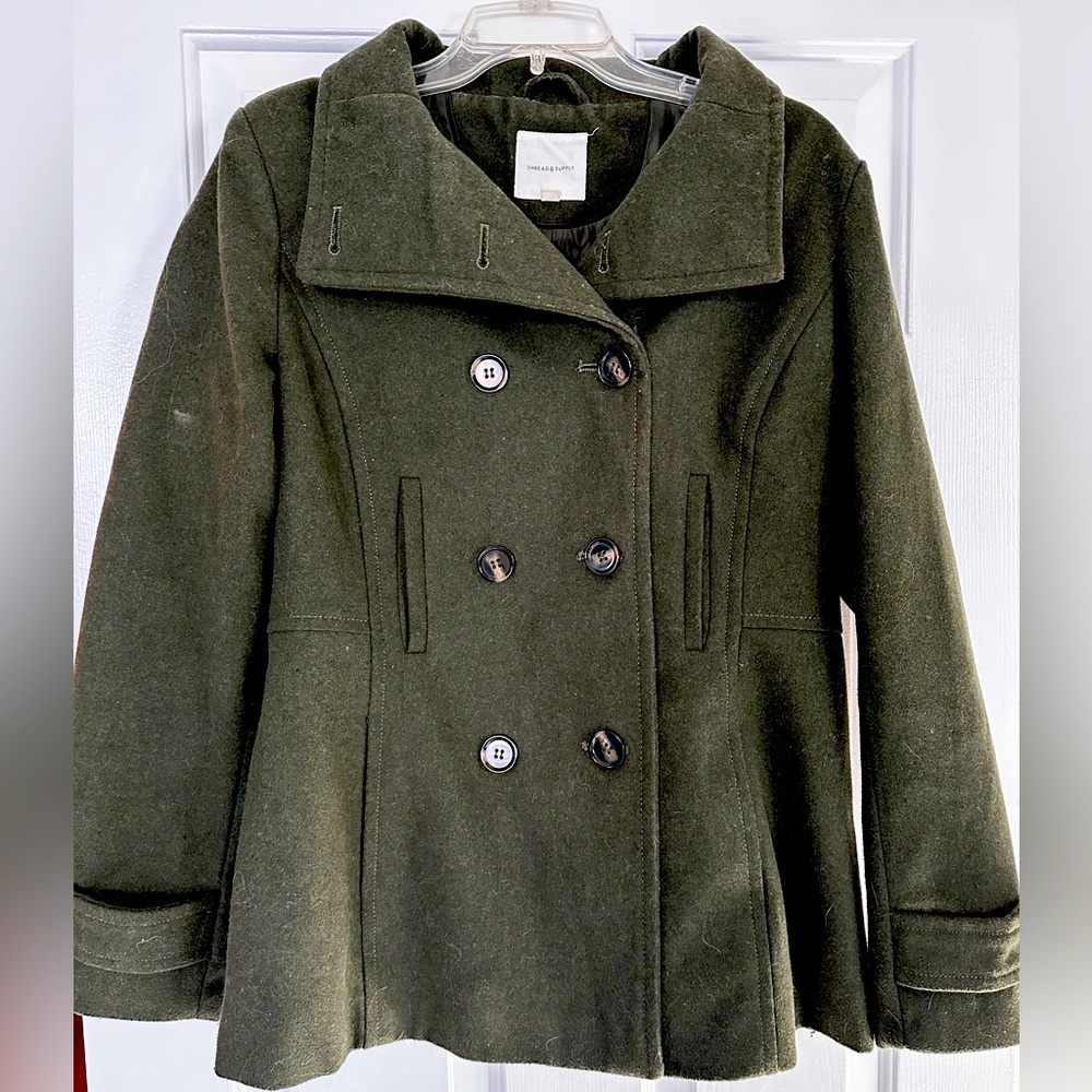 Thread & Supply Dark Green Pea Coat, size large